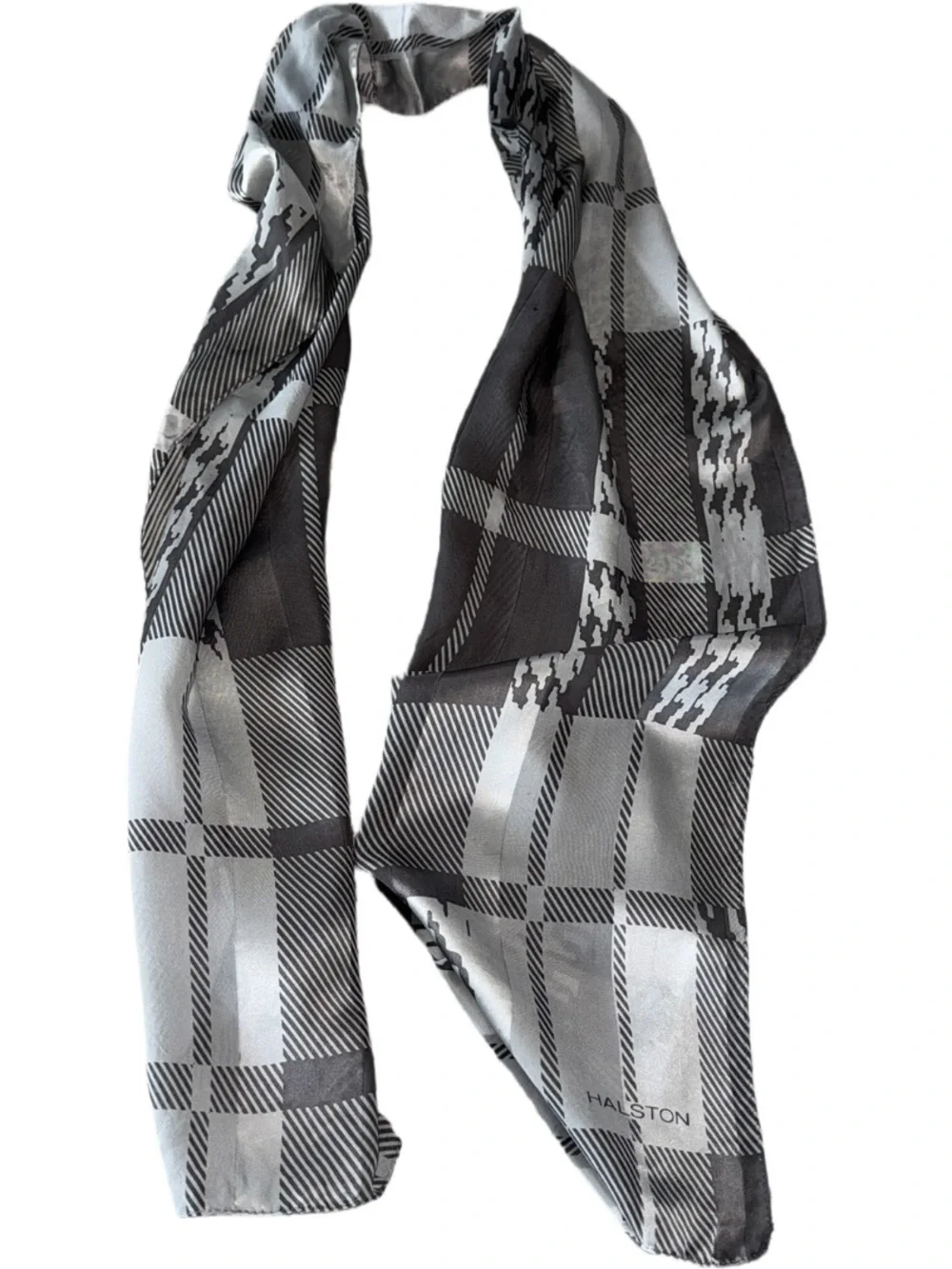 Silk Halston Heritage Black & Gray Plaid Silk Scarf